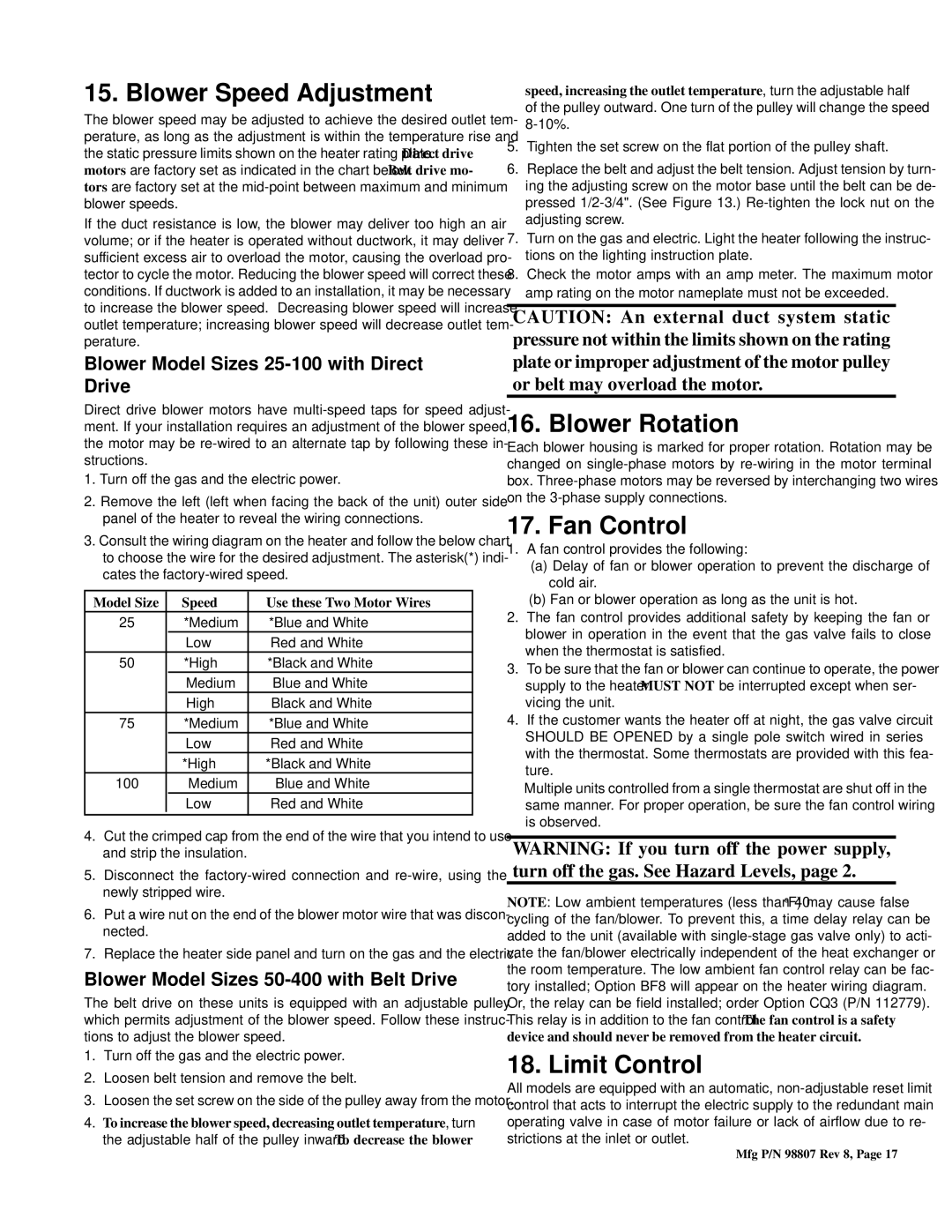 Thomas & Betts BE, FE warranty Blower Speed Adjustment, Blower Rotation, Fan Control, Limit Control 