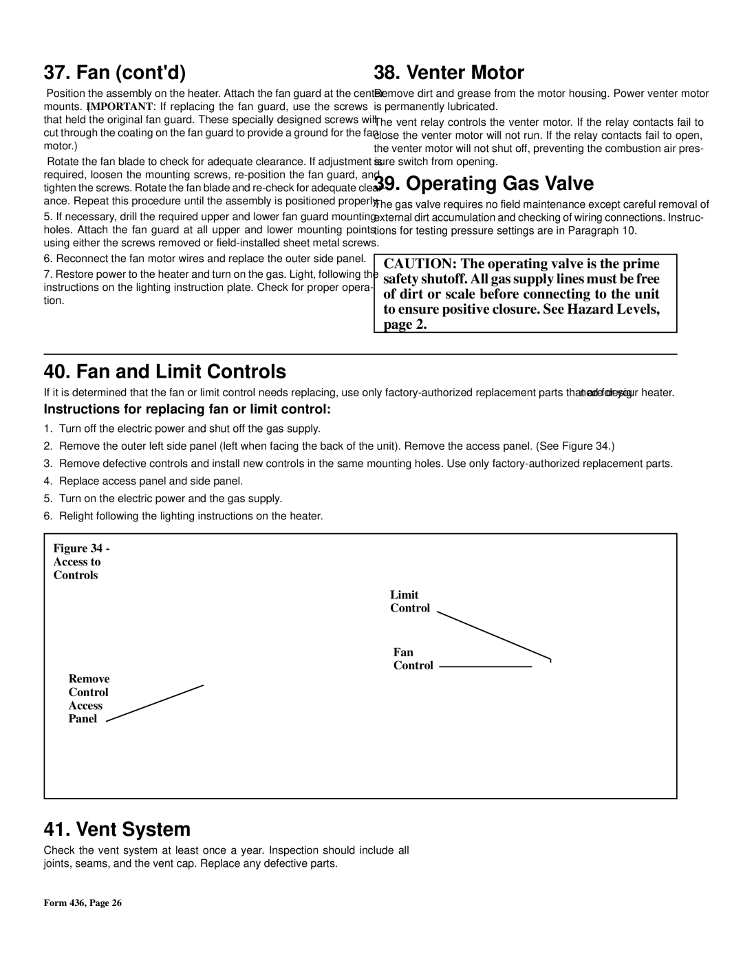 Thomas & Betts FE, BE warranty Fan contd, Venter Motor, Operating Gas Valve, Fan and Limit Controls, Vent System 