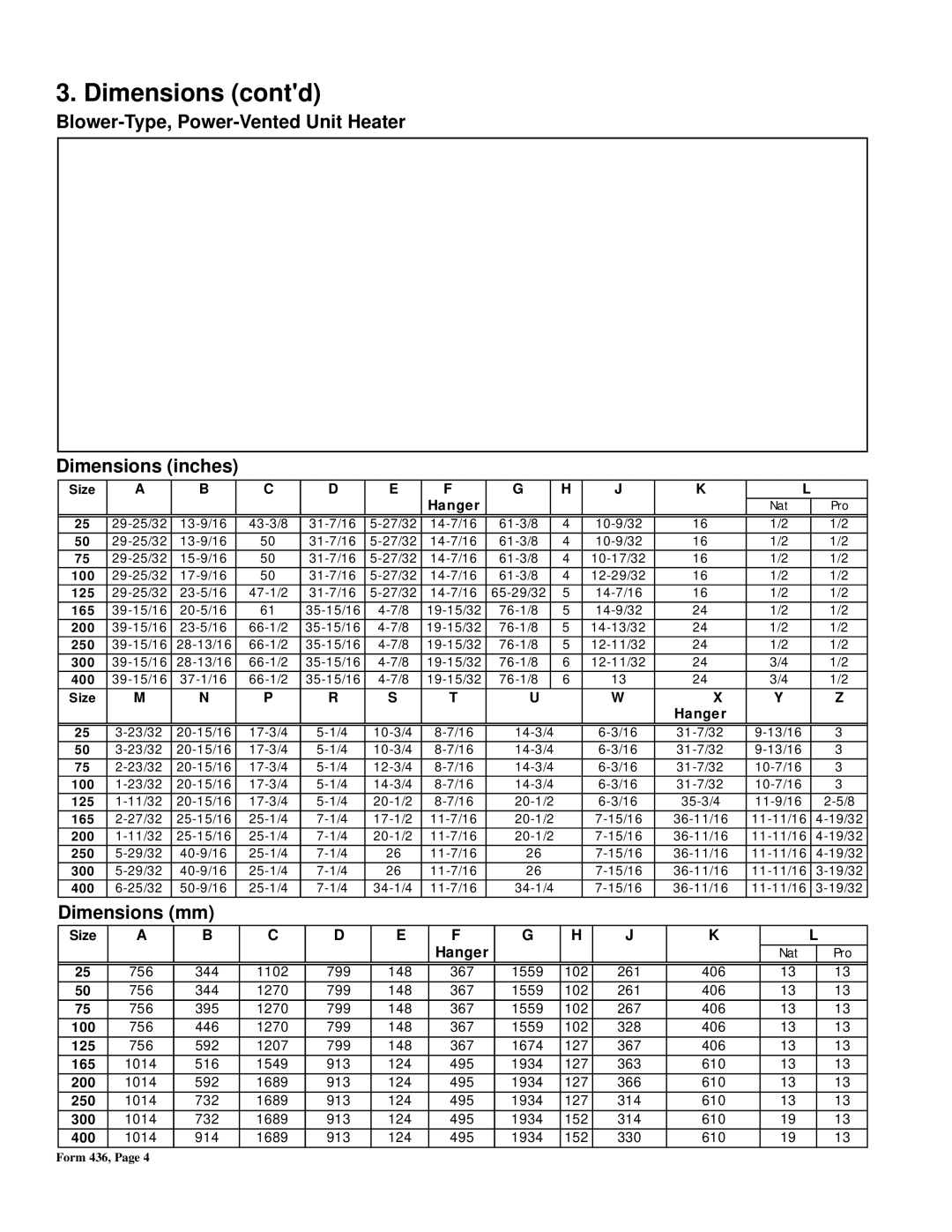 Thomas & Betts FE, BE warranty Dimensions contd, Blower-Type, Power-Vented Unit Heater Dimensions inches 