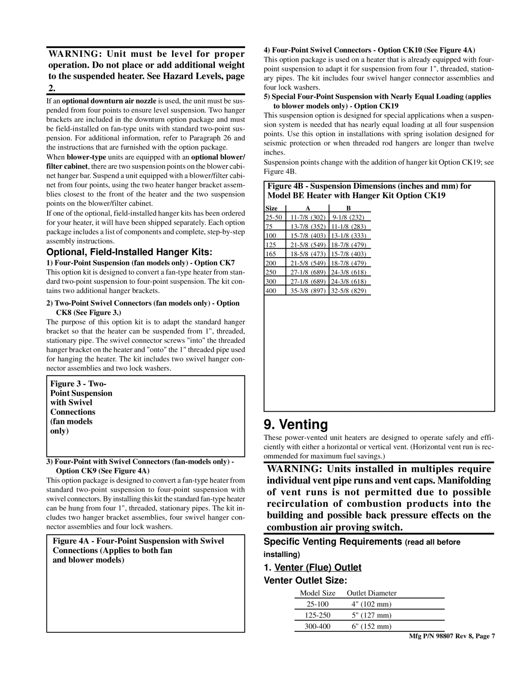 Thomas & Betts BE, FE warranty Optional, Field-Installed Hanger Kits, Specific Venting Requirements read all before 