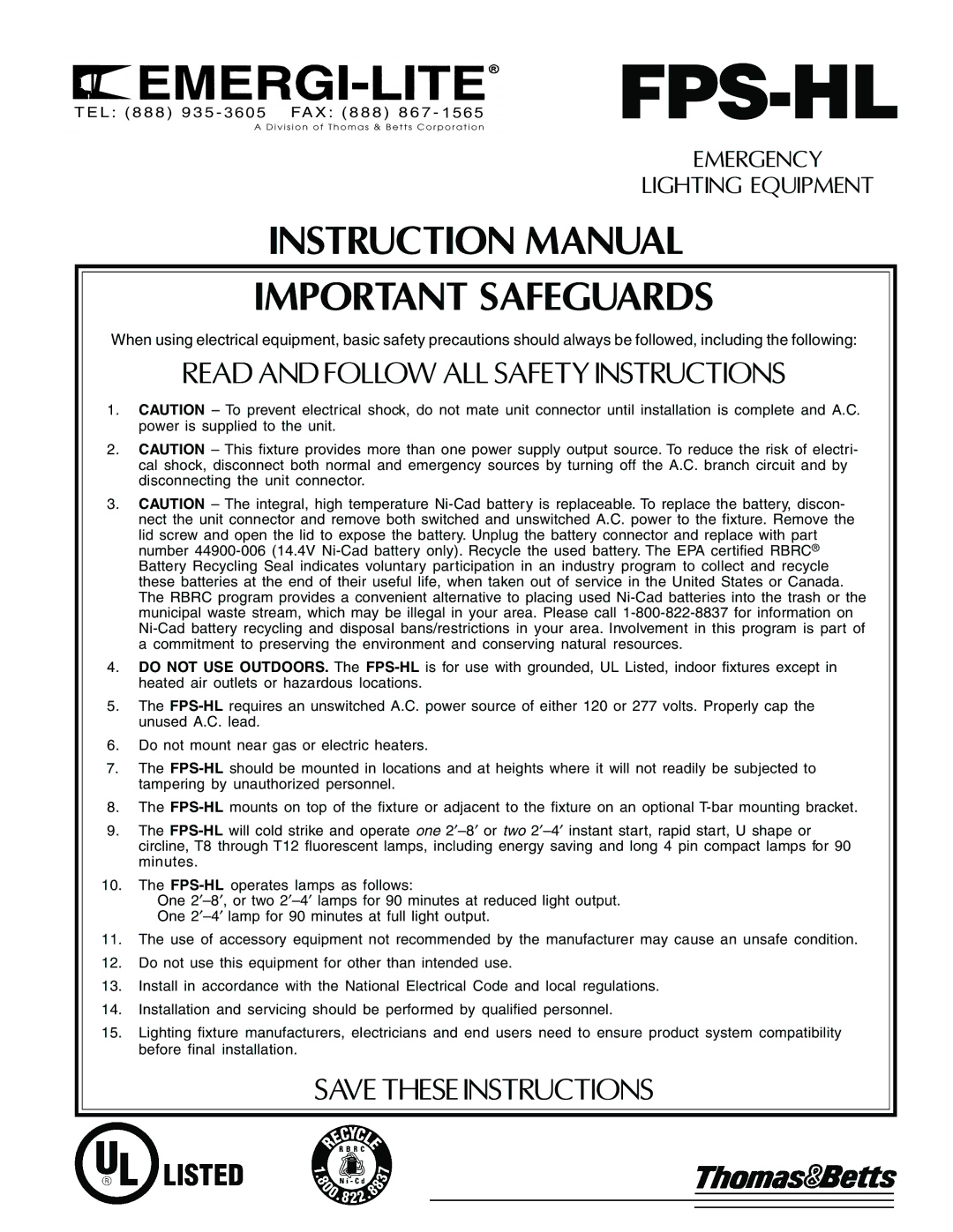 Thomas & Betts FPS-HL instruction manual Fps-Hl, Important Safeguards 