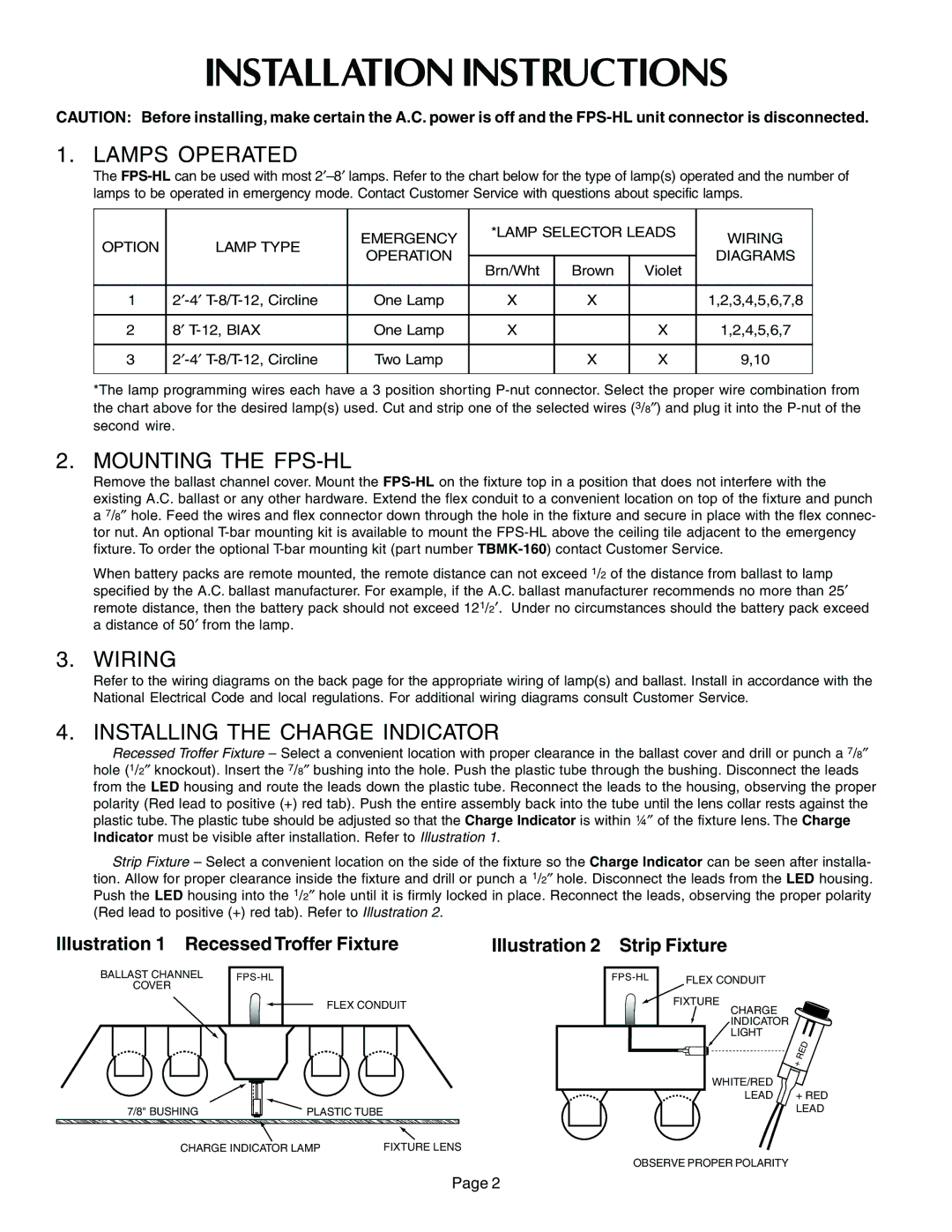 Thomas & Betts Installation Instructions, Lamps Operated, Mounting the FPS-HL, Wiring, Installing the Charge Indicator 