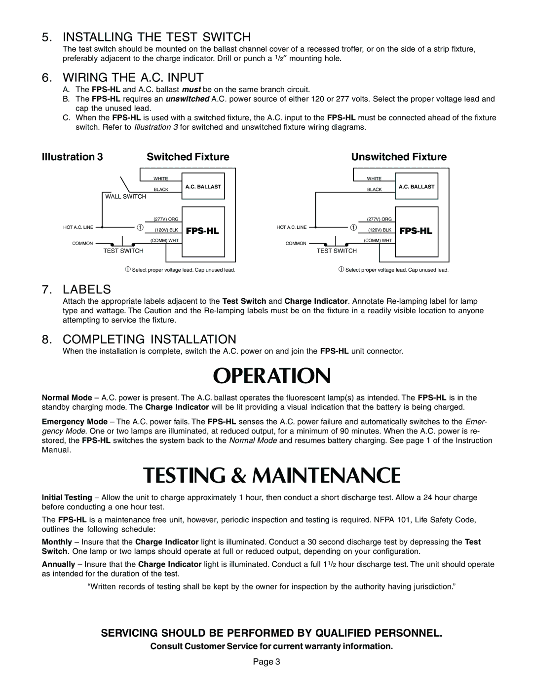 Thomas & Betts FPS-HL instruction manual Operation, Testing & Maintenance 