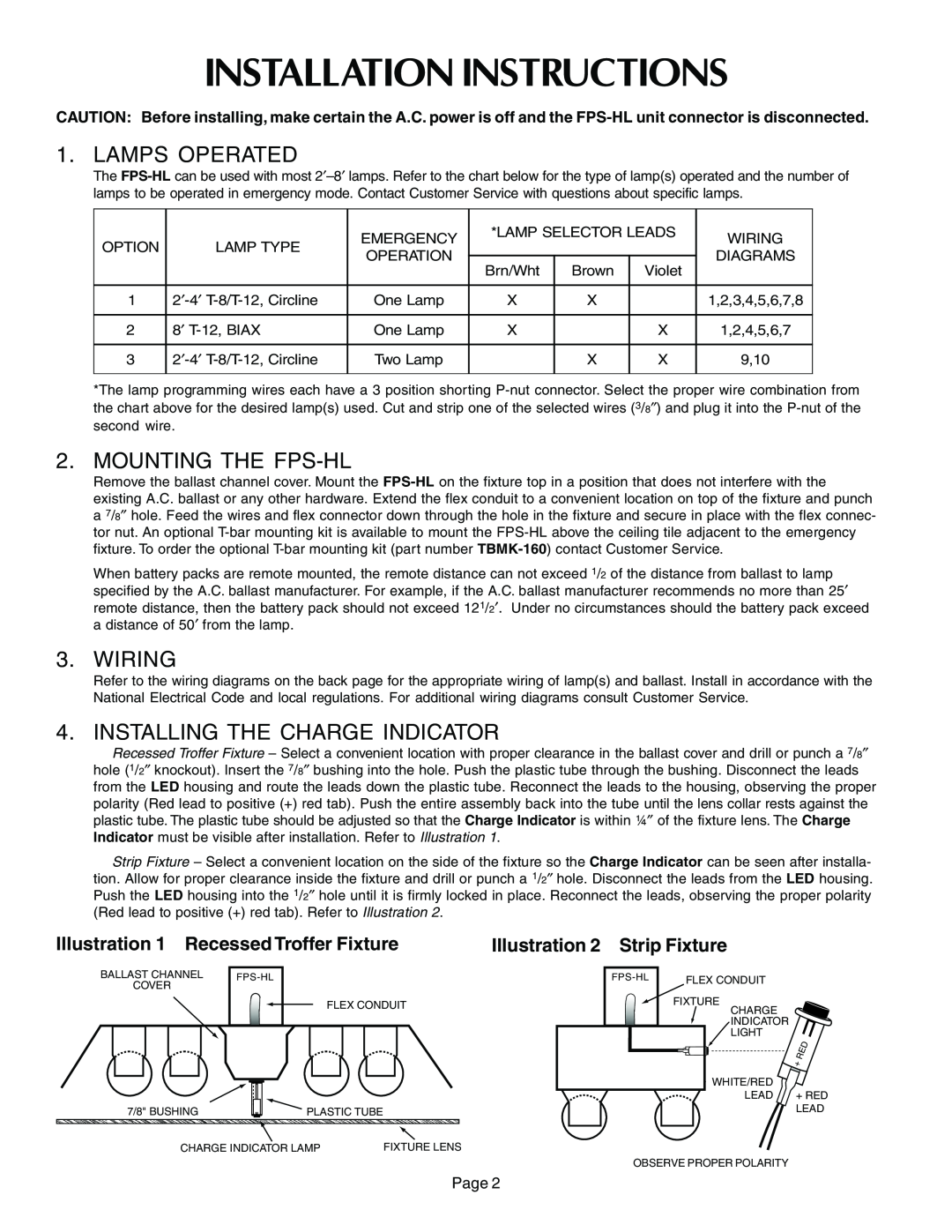 Thomas & Betts FPS-HL Installation Instructions, Lamps Operated, Mounting The Fps-Hl, Wiring, Illustration 2 Strip Fixture 