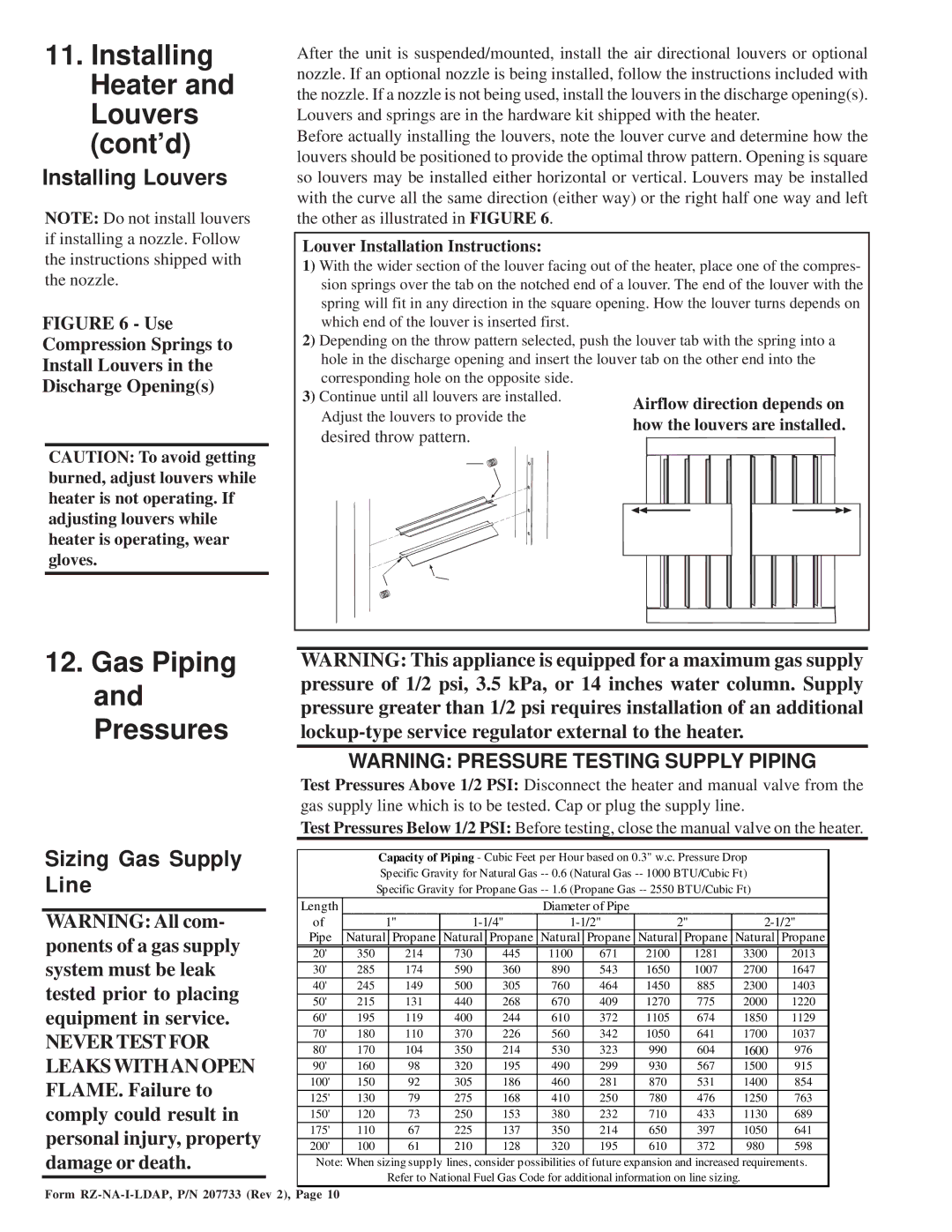 Thomas & Betts LDAP 1200 warranty Installing Heater and Louvers cont’d, Gas Piping and Pressures, Installing Louvers, Line 