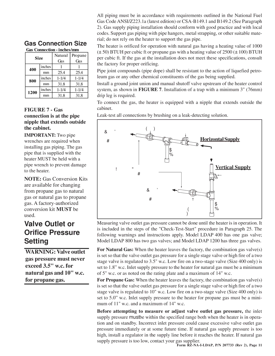 Thomas & Betts LDAP 1200 Valve Outlet or Orifice Pressure Setting, Gas Connection Size, Horizontal Supply, Vertical Supply 