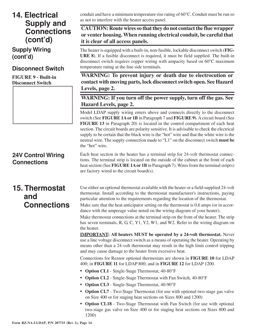 Thomas & Betts LDAP 1200 warranty Electrical Supply and Connections cont’d, Thermostat and Connections, Disconnect Switch 