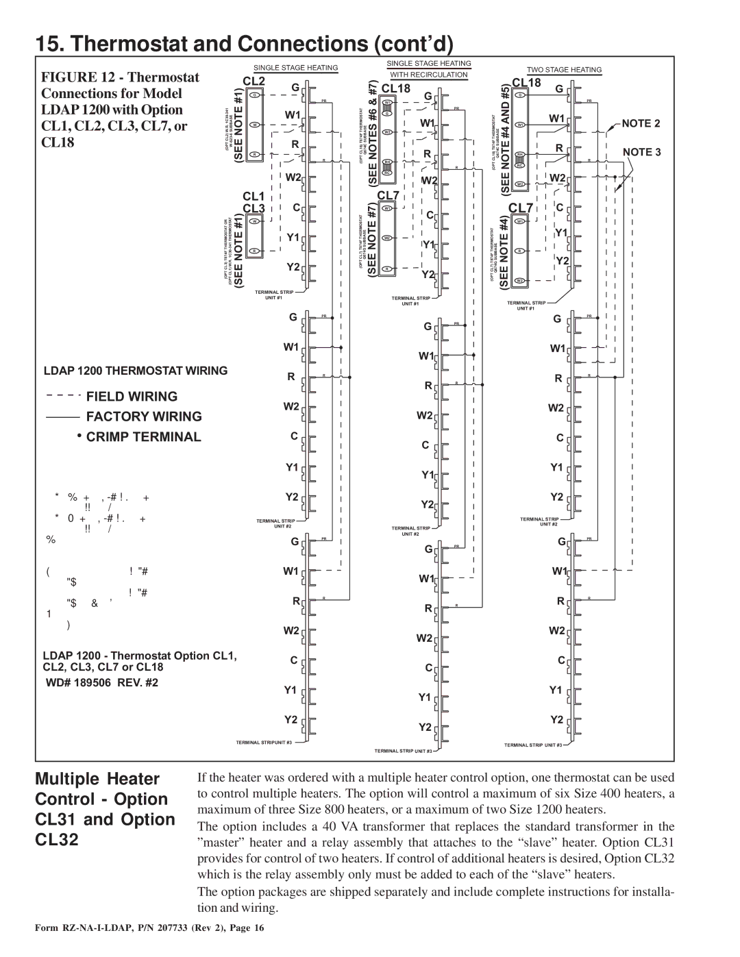 Thomas & Betts LDAP 1200 warranty Thermostat and Connections cont’d, Multiple Heater Control Option CL31 and Option CL32 