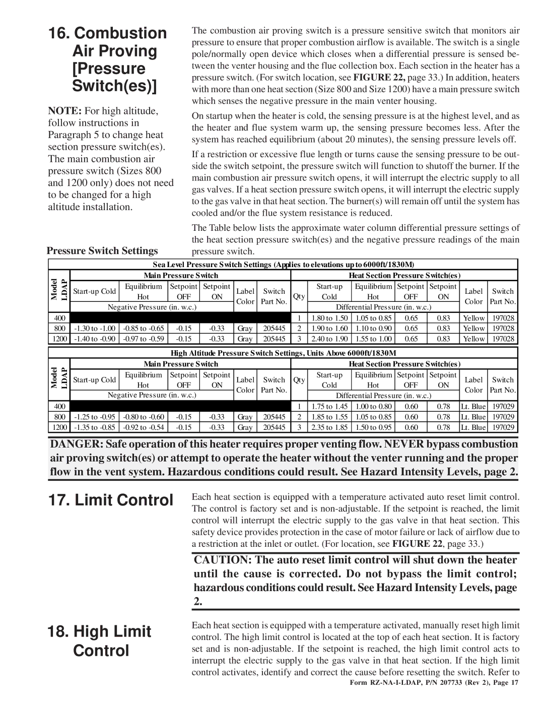 Thomas & Betts LDAP 1200 Combustion Air Proving Pressure Switches, High Limit Control, Pressure Switch Settings 