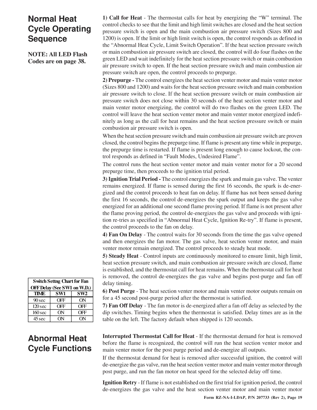 Thomas & Betts LDAP 1200 warranty Normal Heat Cycle Operating Sequence, Abnormal Heat Cycle Functions 