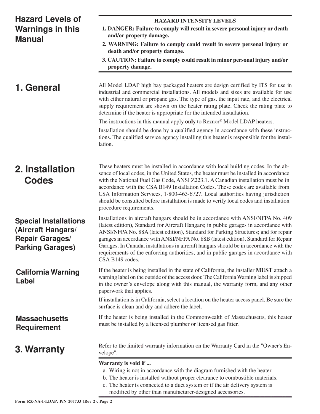 Thomas & Betts LDAP 1200 warranty General Installation Codes, Warranty, Hazard Levels of Warnings in this Manual 