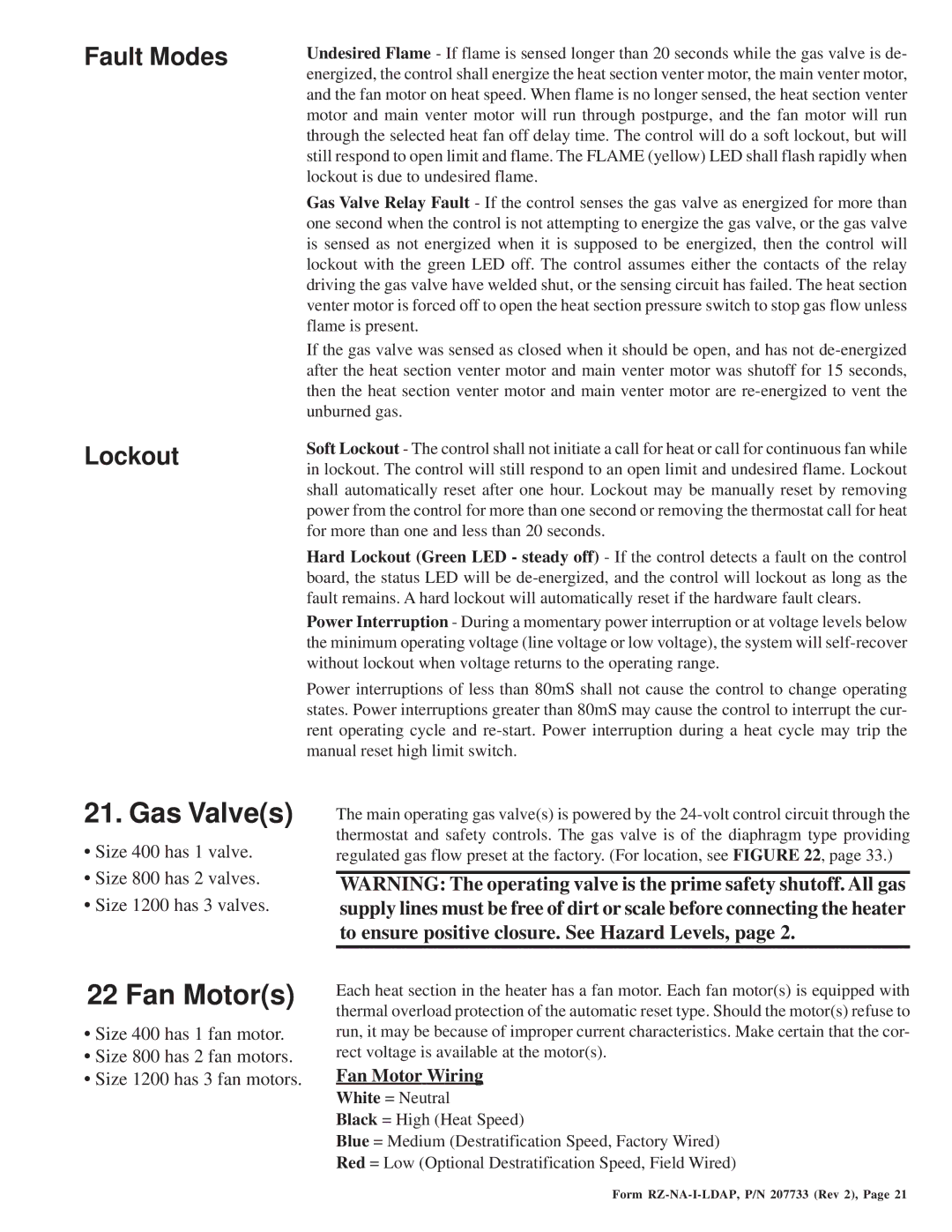 Thomas & Betts LDAP 1200 warranty Gas Valves, Fan Motors, Fault Modes Lockout, Fan Motor Wiring 