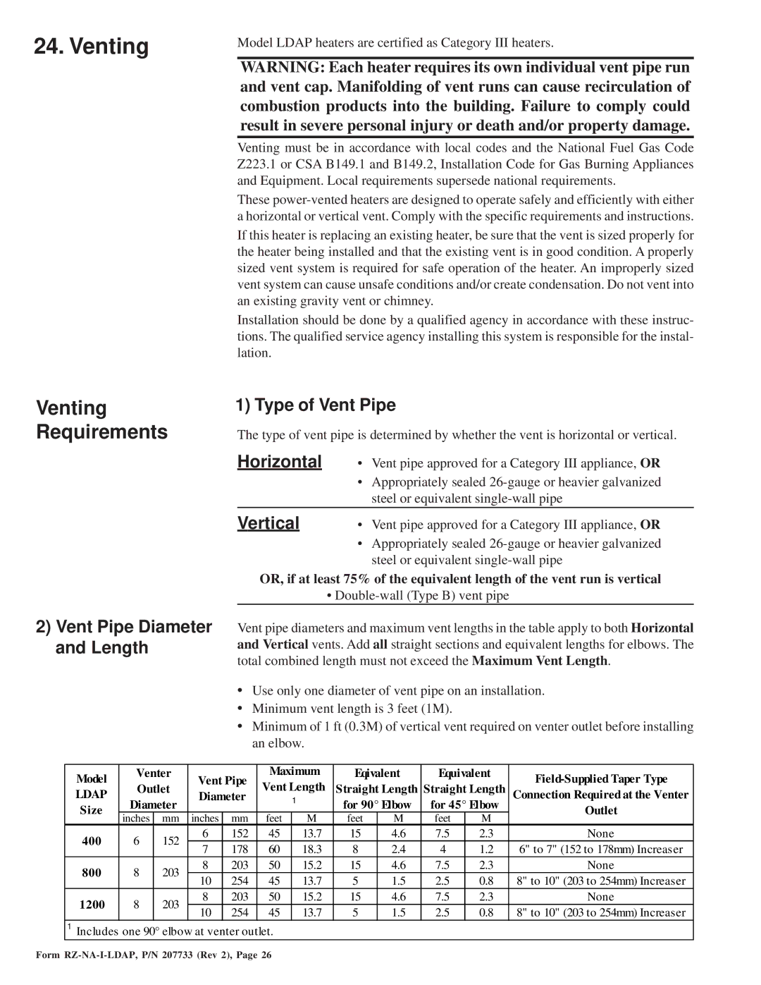 Thomas & Betts LDAP 1200 warranty Venting Requirements, Type of Vent Pipe, Vertical 