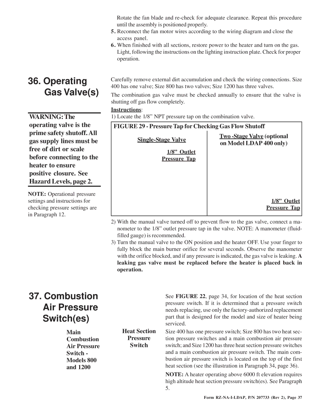 Thomas & Betts LDAP 1200 warranty Operating Gas Valves, Combustion Air Pressure Switches 