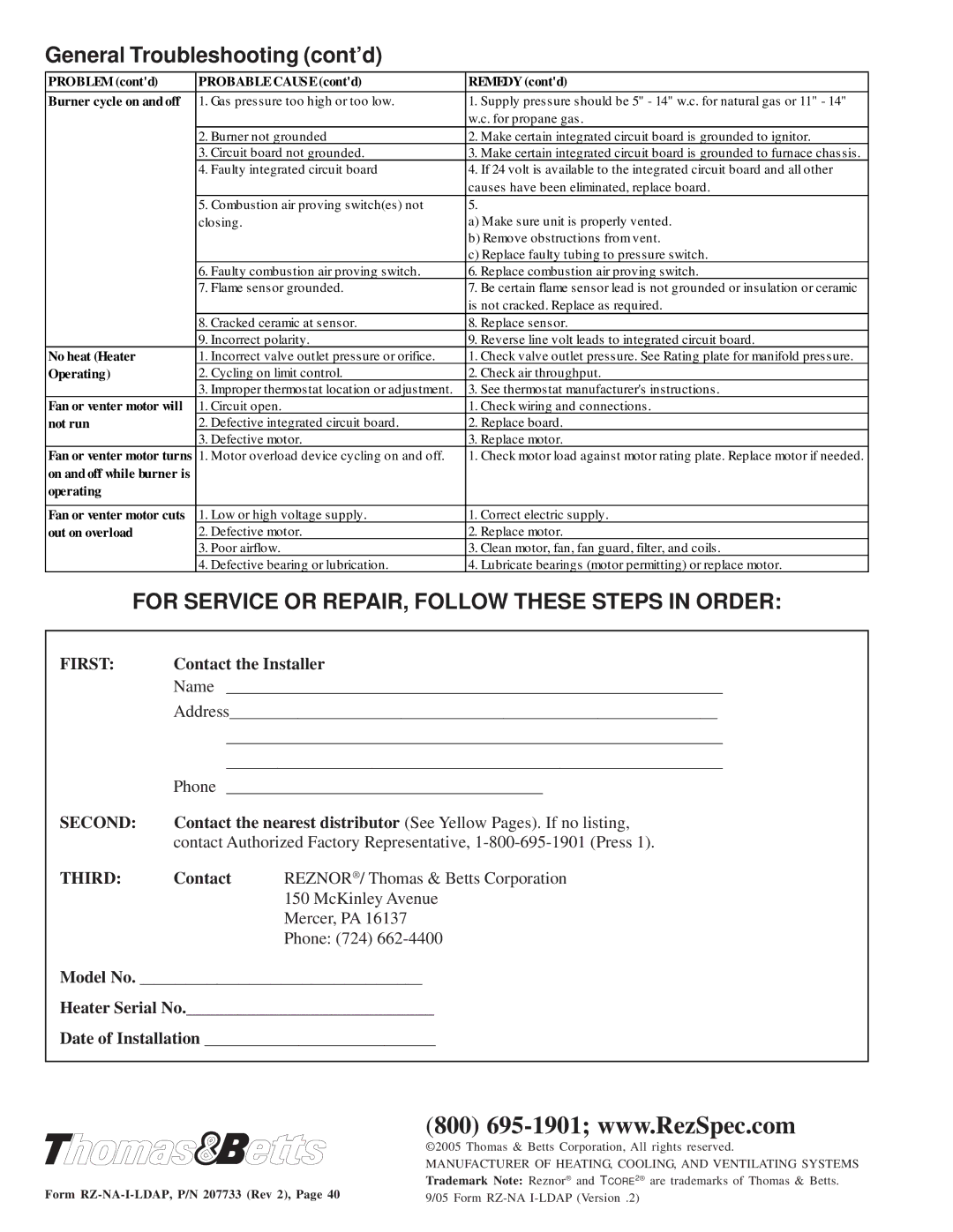 Thomas & Betts LDAP 1200 warranty General Troubleshooting cont’d, No heat Heater 