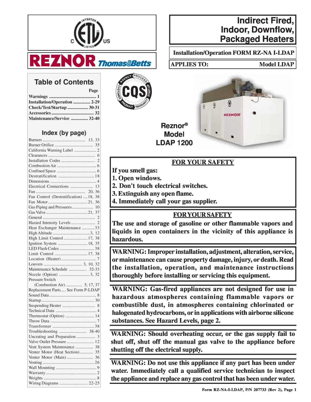 Thomas & Betts LDAP 1200 warranty Table of Contents, Reznor Model LDAP, Rcqsq, Dont touch electrical switches, Page, 2-29 