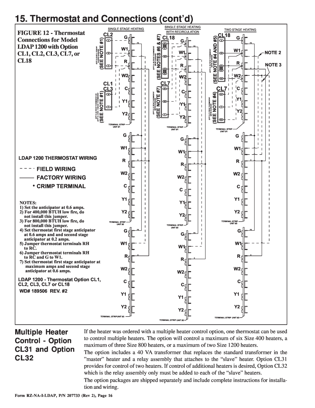 Thomas & Betts LDAP 1200 warranty Thermostat and Connections cont’d, Multiple Heater Control - Option CL31 and Option, CL32 