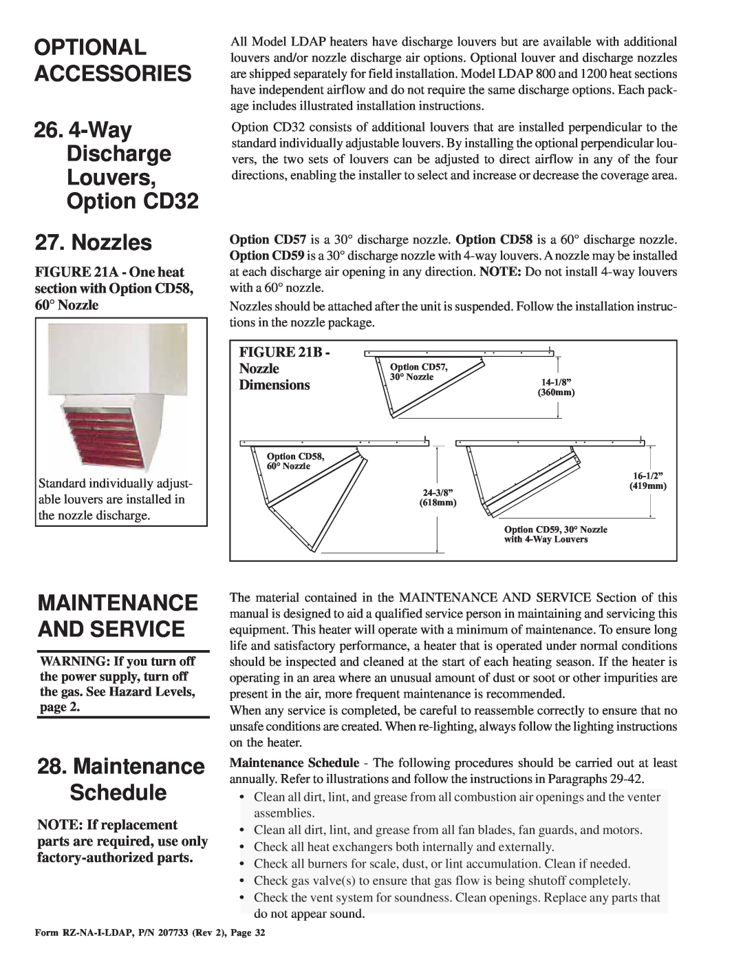 Thomas & Betts LDAP 1200 Optional Accessories, WayDischarge Louvers, Option CD32 27.Nozzles, Maintenance And Service, B 