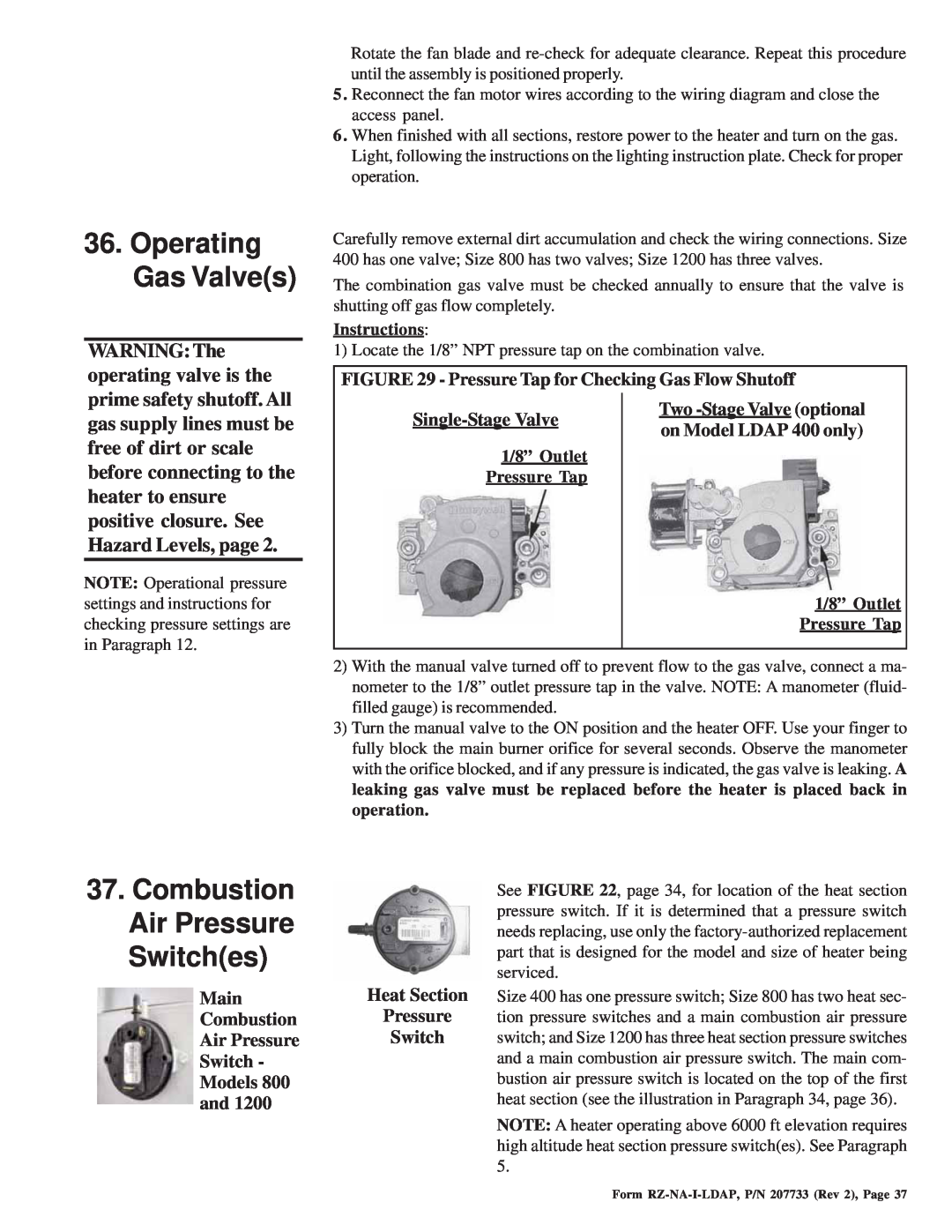 Thomas & Betts LDAP 1200 warranty Operating Gas Valves, Combustion Air Pressure Switches 