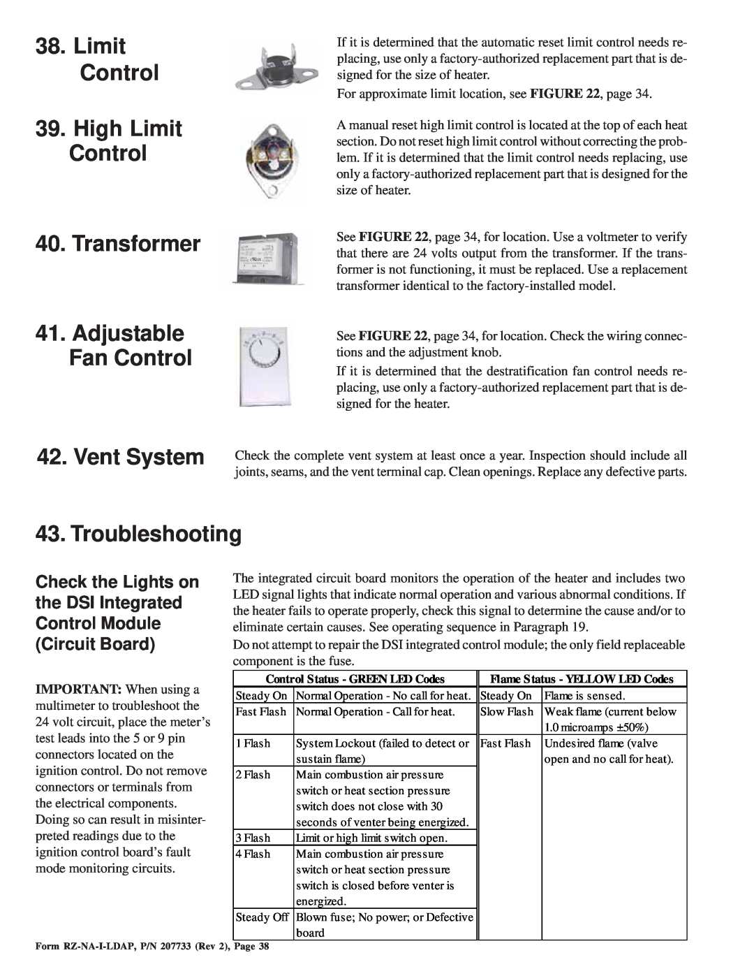 Thomas & Betts LDAP 1200 warranty Limit Control 39.High Limit Control, Transformer 41.Adjustable Fan Control, Vent System 