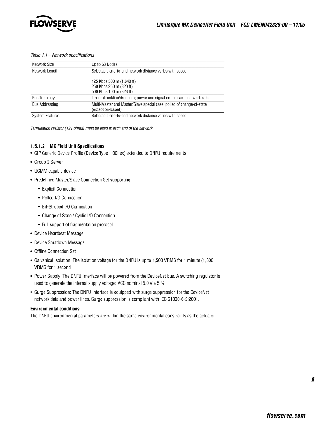 Thomas & Betts Limitorque MX Device Net Field Unit manual Network specifications, MX Field Unit Specifications 