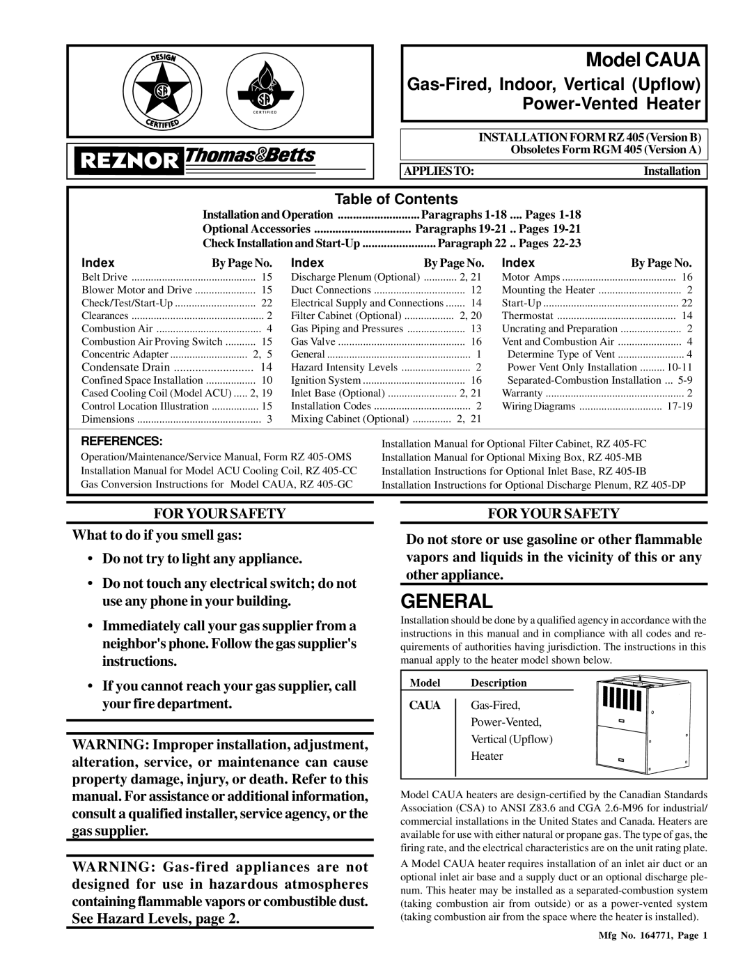 Thomas & Betts RZ405, RGM 405 dimensions Model Caua, Table of Contents 