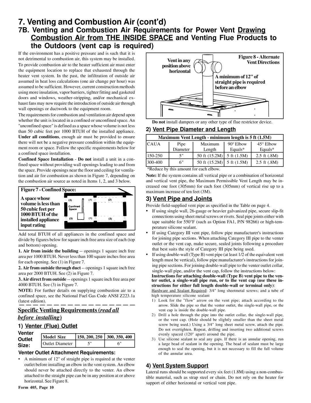 Thomas & Betts RGM 405, RZ405 Vent Pipe and Joints, Venter Flue Outlet, Vent Pipe Diameter and Length, Vent System Support 