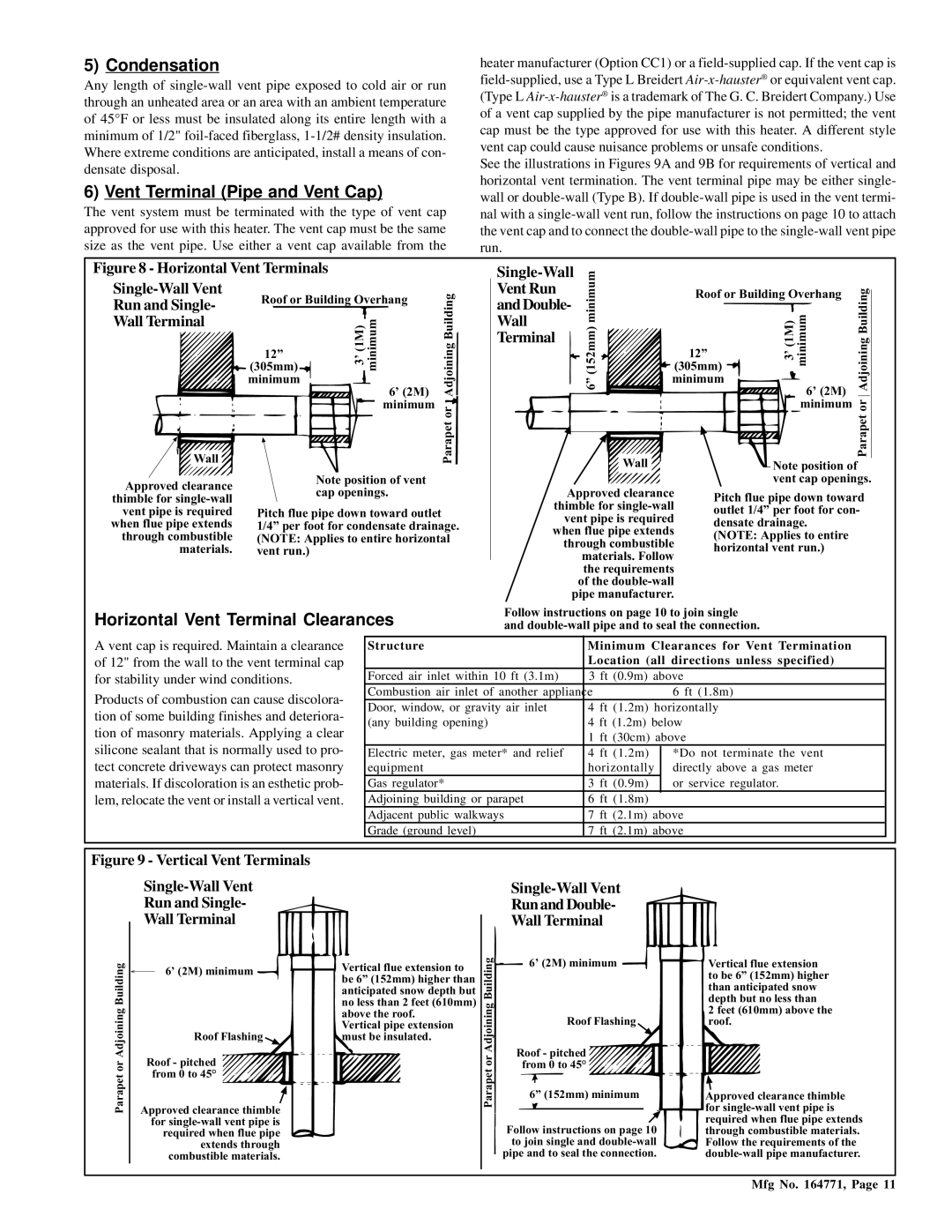 Thomas & Betts RZ405, RGM 405 dimensions Condensation, Vent Terminal Pipe and Vent Cap, Horizontal Vent Terminal Clearances 