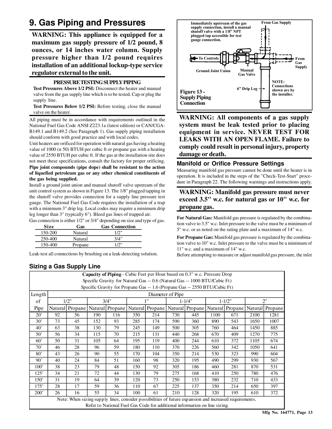 Thomas & Betts RZ405 Gas Piping and Pressures, Manifold or Orifice Pressure Settings, Sizing a Gas Supply Line, Connection 