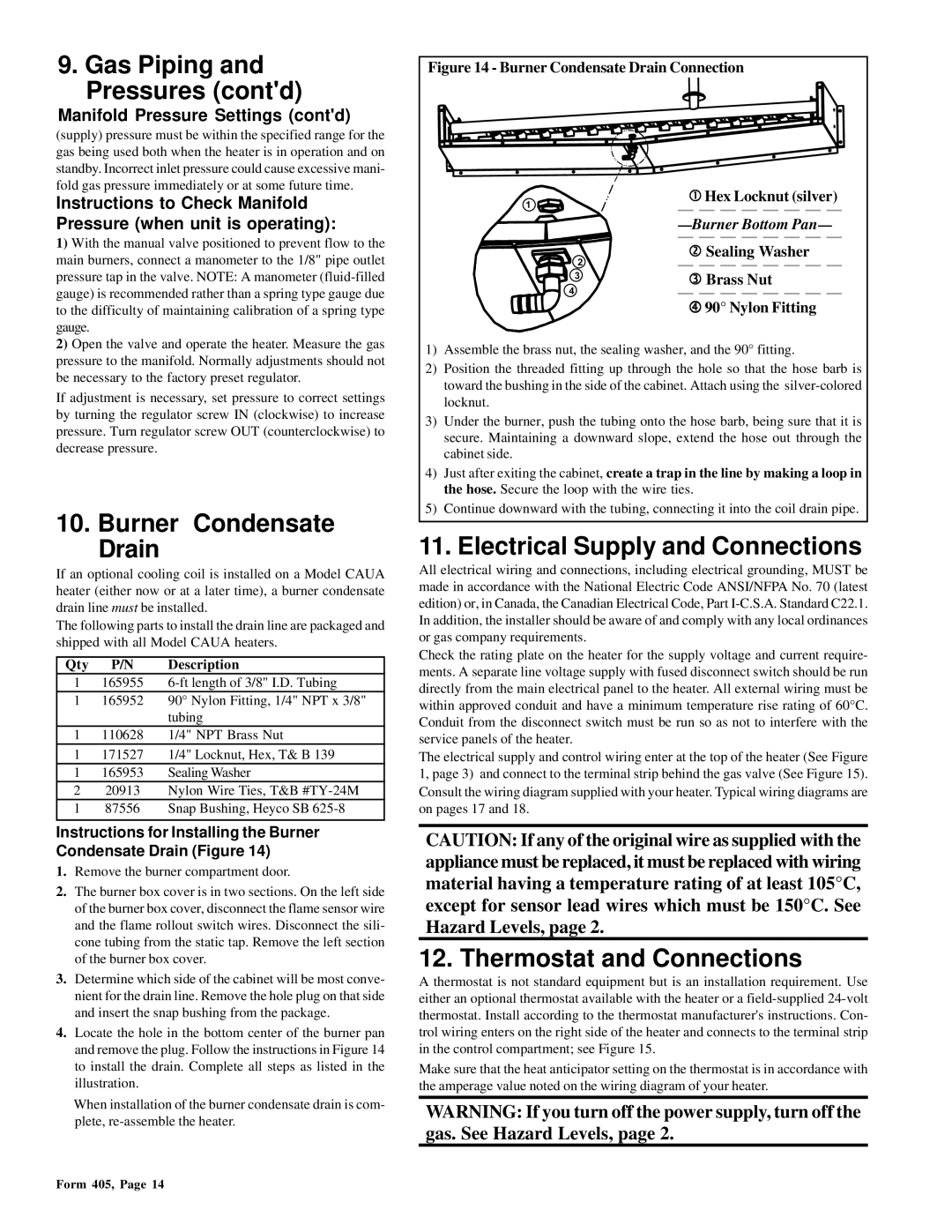 Thomas & Betts RGM 405, RZ405 Gas Piping and Pressures contd, Burner Condensate Drain, Electrical Supply and Connections 