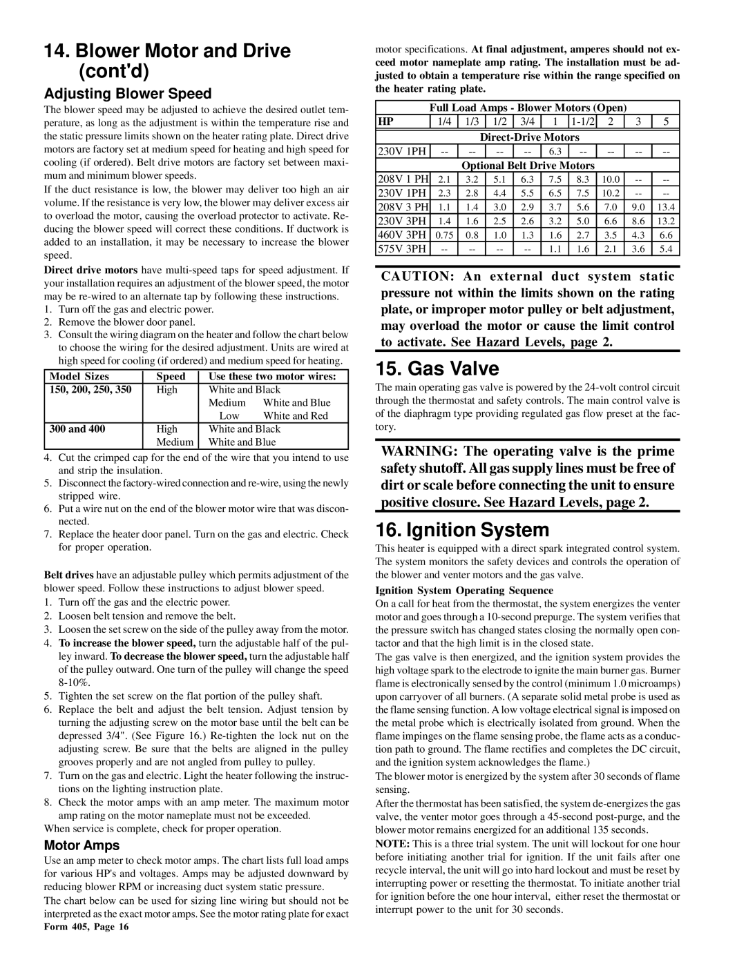 Thomas & Betts RGM 405, RZ405 Blower Motor and Drive contd, Gas Valve, Ignition System, Adjusting Blower Speed, Motor Amps 