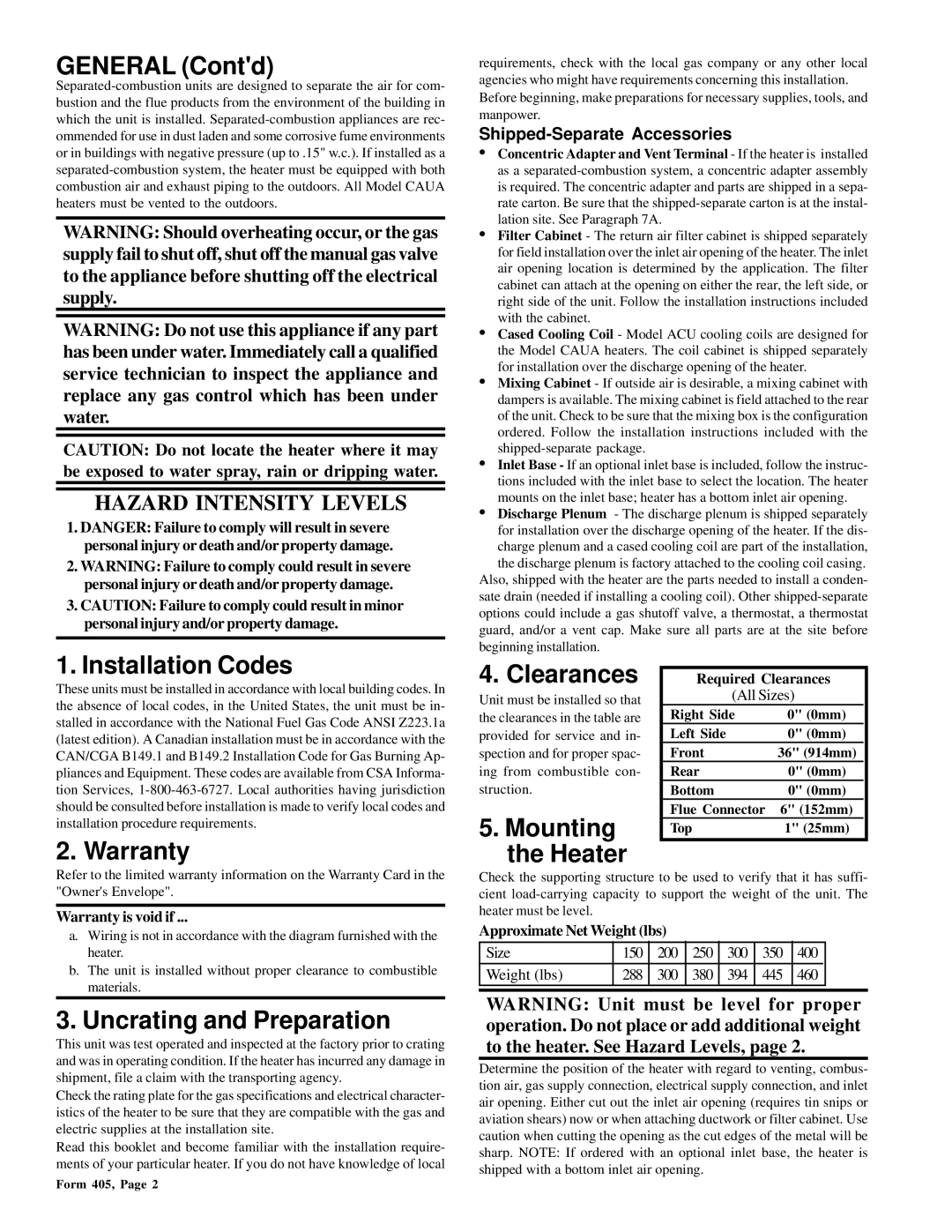 Thomas & Betts RGM 405, RZ405 dimensions General Contd, Installation Codes, Warranty Clearances, Mounting the Heater 