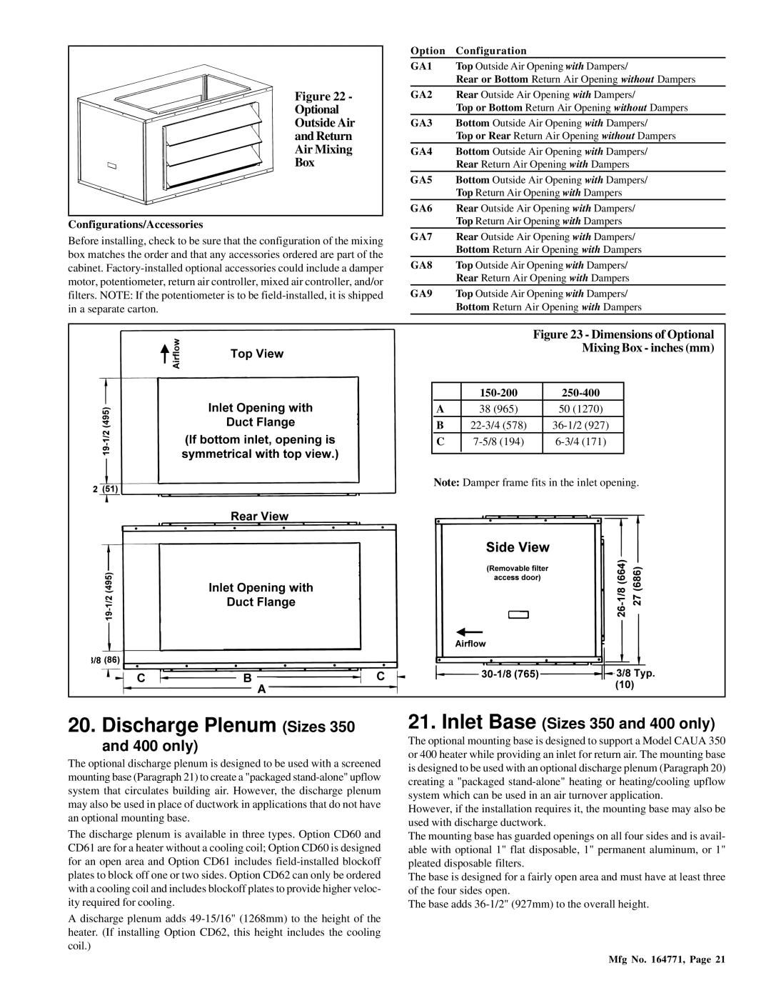 Thomas & Betts RZ405, RGM 405 dimensions Discharge Plenum Sizes, Inlet Base Sizes 350 and 400 only 