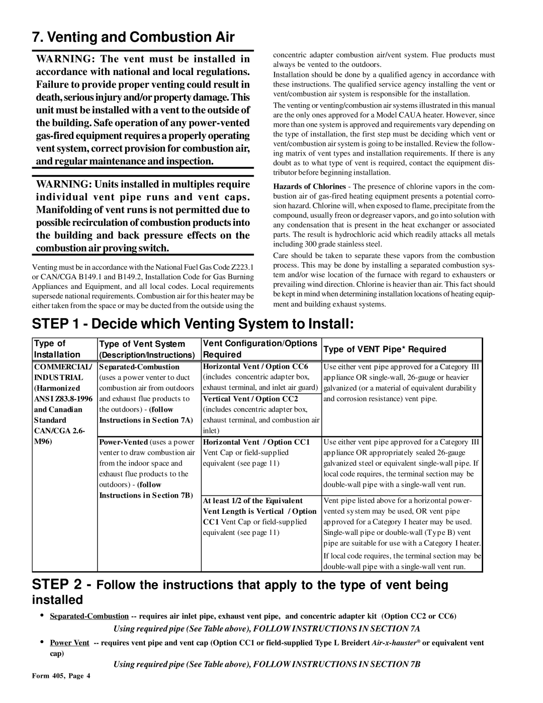 Thomas & Betts RGM 405, RZ405 Venting and Combustion Air, Decide which Venting System to Install, Commercial, Indus Trial 