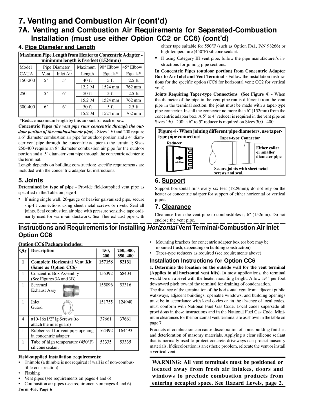 Thomas & Betts RGM 405, RZ405 dimensions Venting and Combustion Air contd, Joints, Support, Clearance 