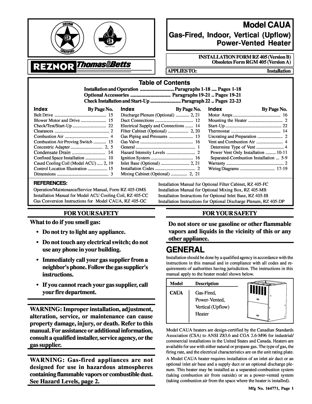 Thomas & Betts RZ405, RGM 405 dimensions Model CAUA, General, Table of Contents 