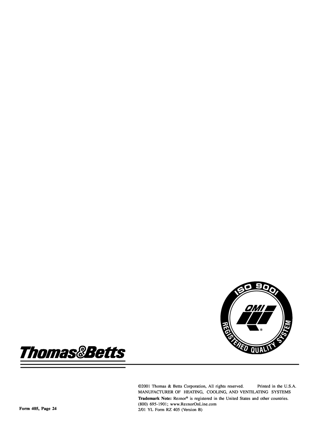 Thomas & Betts RGM 405, RZ405 dimensions Form 405, Page, 2/01 YL Form RZ 405 Version B 