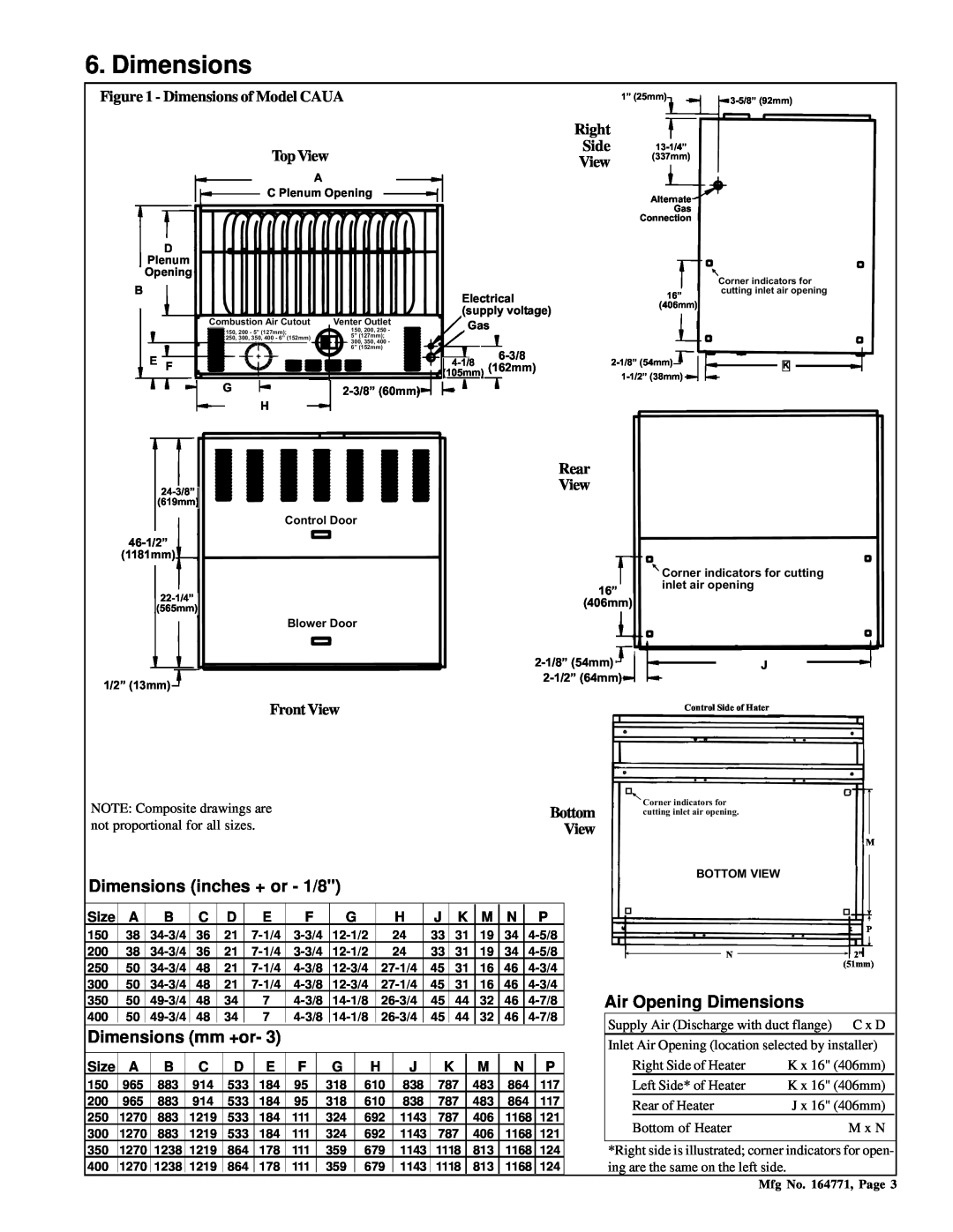 Thomas & Betts RZ405, RGM 405 dimensions Dimensions inches + or - 1/8, Dimensions mm +or, Air Opening Dimensions, Size 