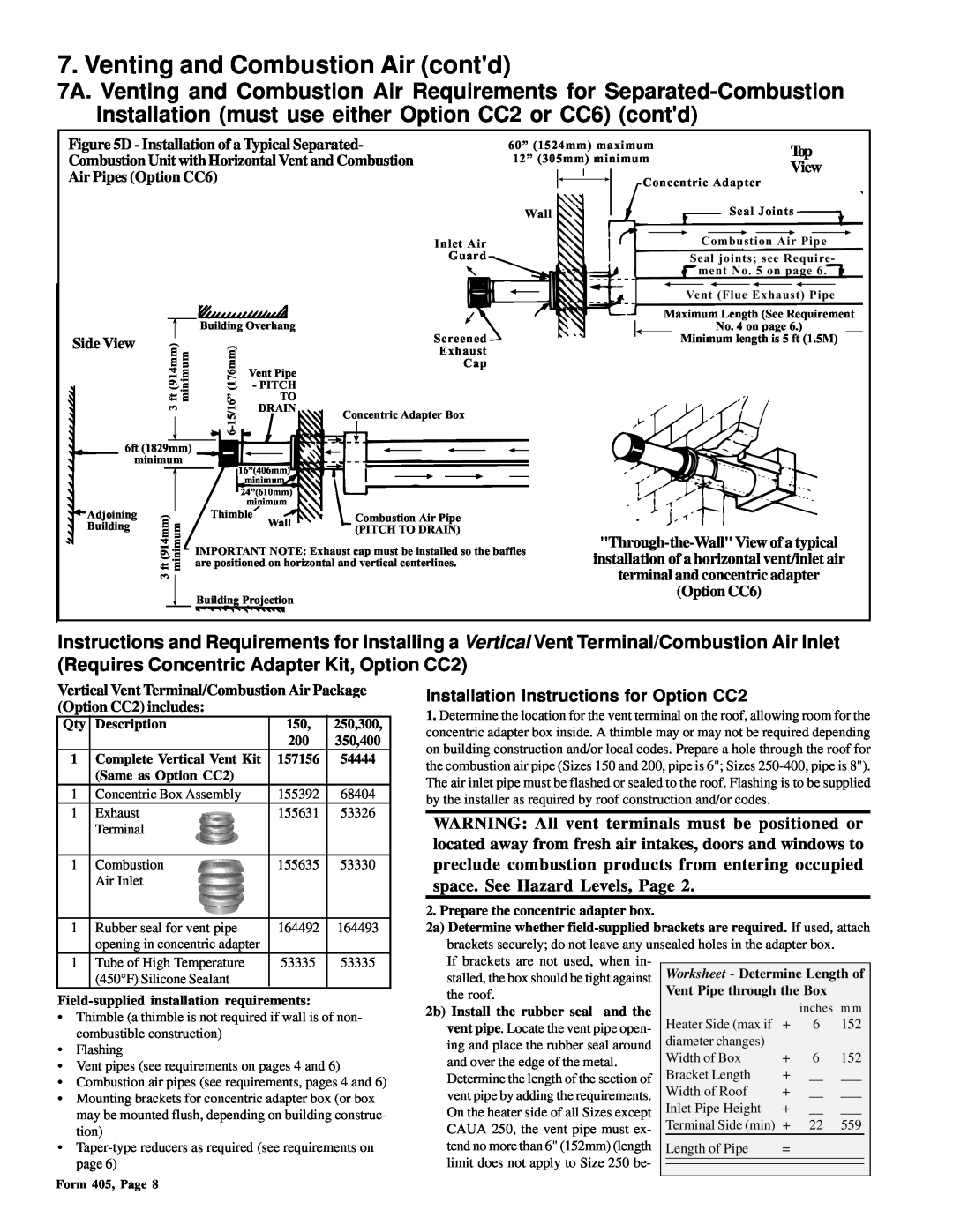 Thomas & Betts RGM 405, RZ405 dimensions Venting and Combustion Air contd, Installation Instructions for Option CC2 