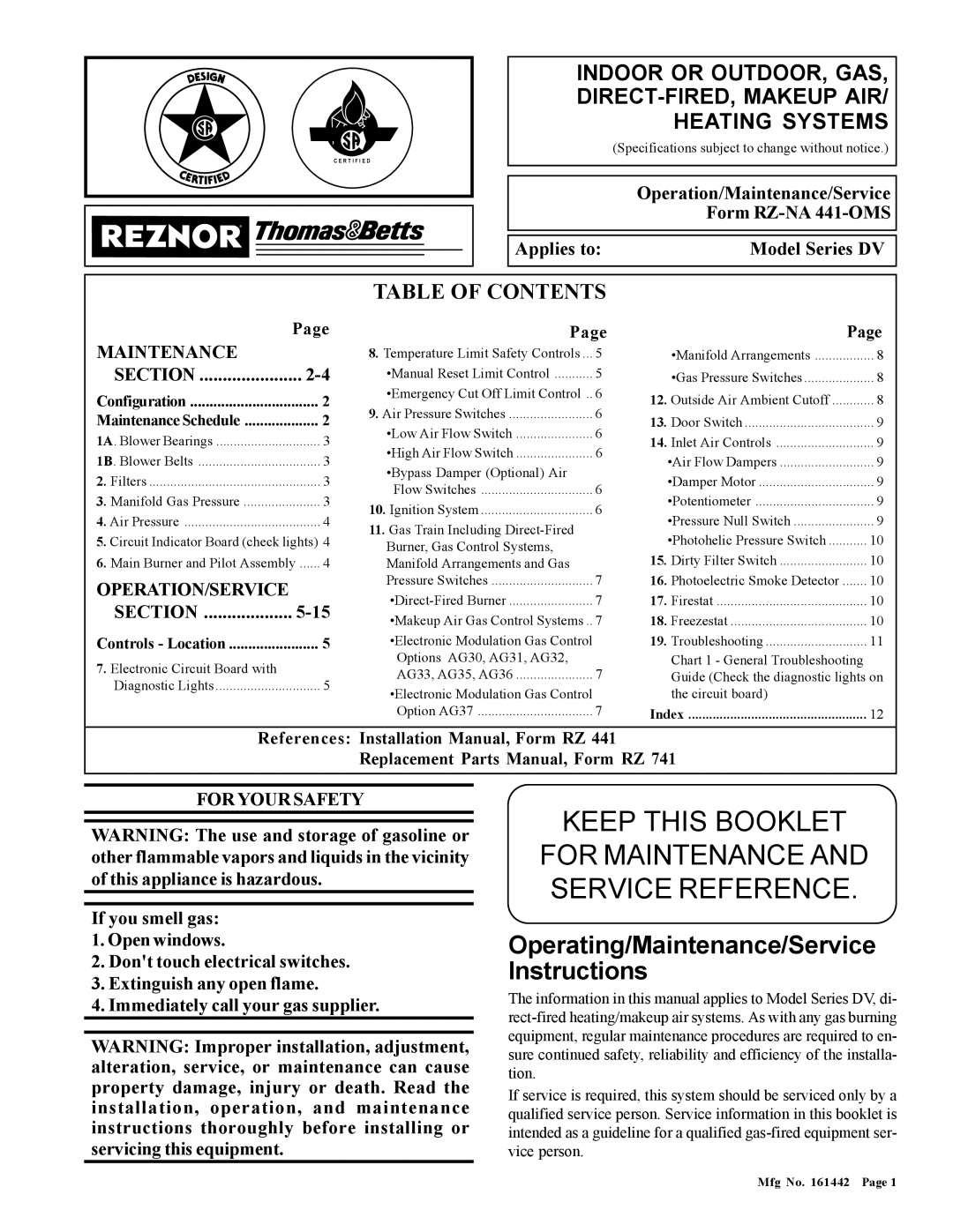 Thomas & Betts RZ-NA 441-OMS installation manual Operating/Maintenance/Service Instructions, Table of Contents 