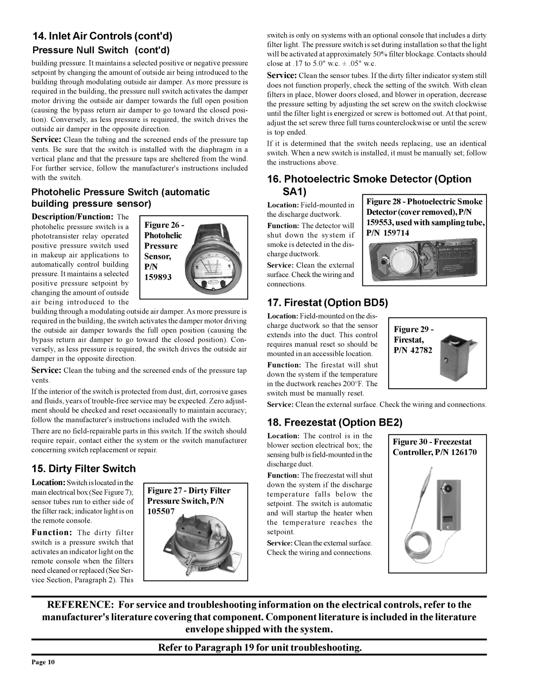 Thomas & Betts RZ-NA 441-OMS Inlet Air Controls contd, Photoelectric Smoke Detector Option SA1, Firestat Option BD5 