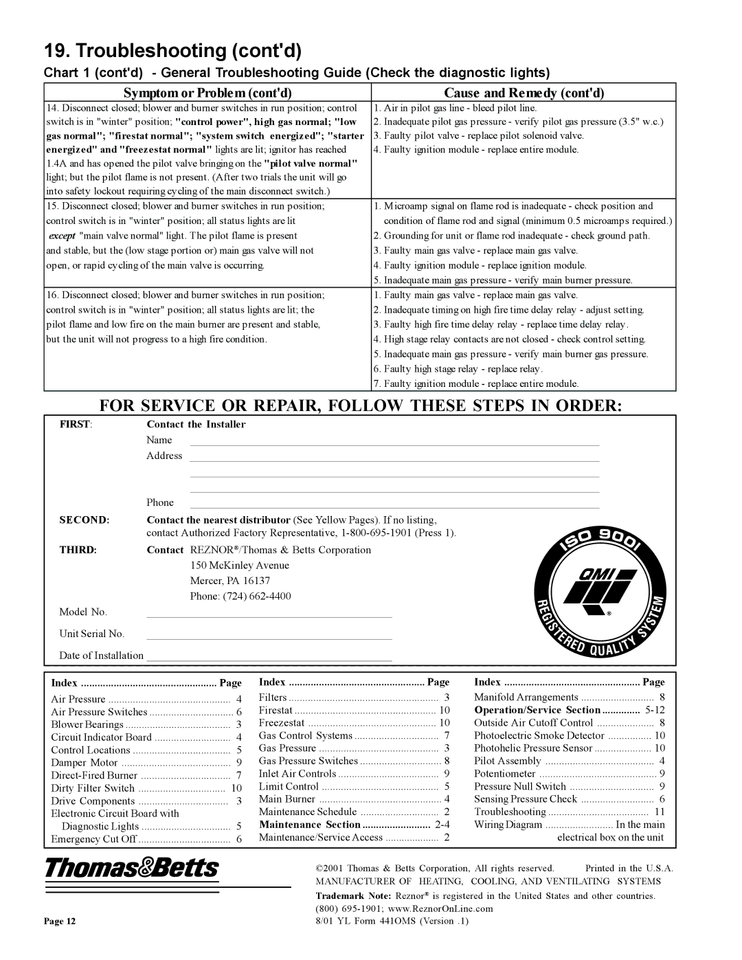 Thomas & Betts RZ-NA 441-OMS installation manual Troubleshooting contd, Contact the Installer, Index 