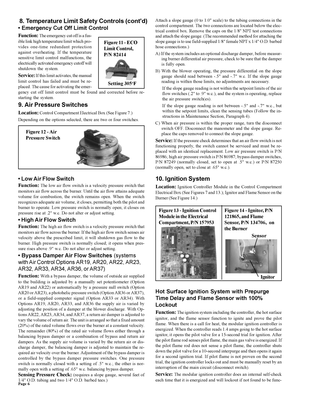 Thomas & Betts RZ-NA 441-OMS Temperature Limit Safety Controls contd, Air Pressure Switches, Ignition System 