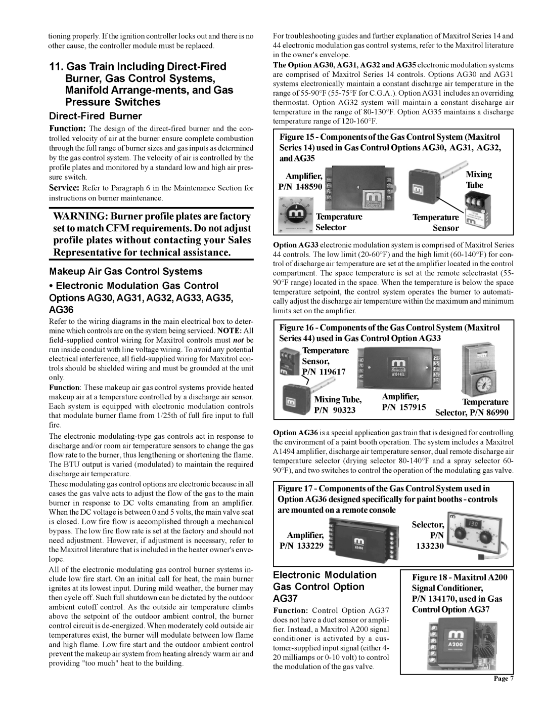 Thomas & Betts RZ-NA 441-OMS Direct-Fired Burner, Electronic Modulation Gas Control Option AG37, Selector, P/N 