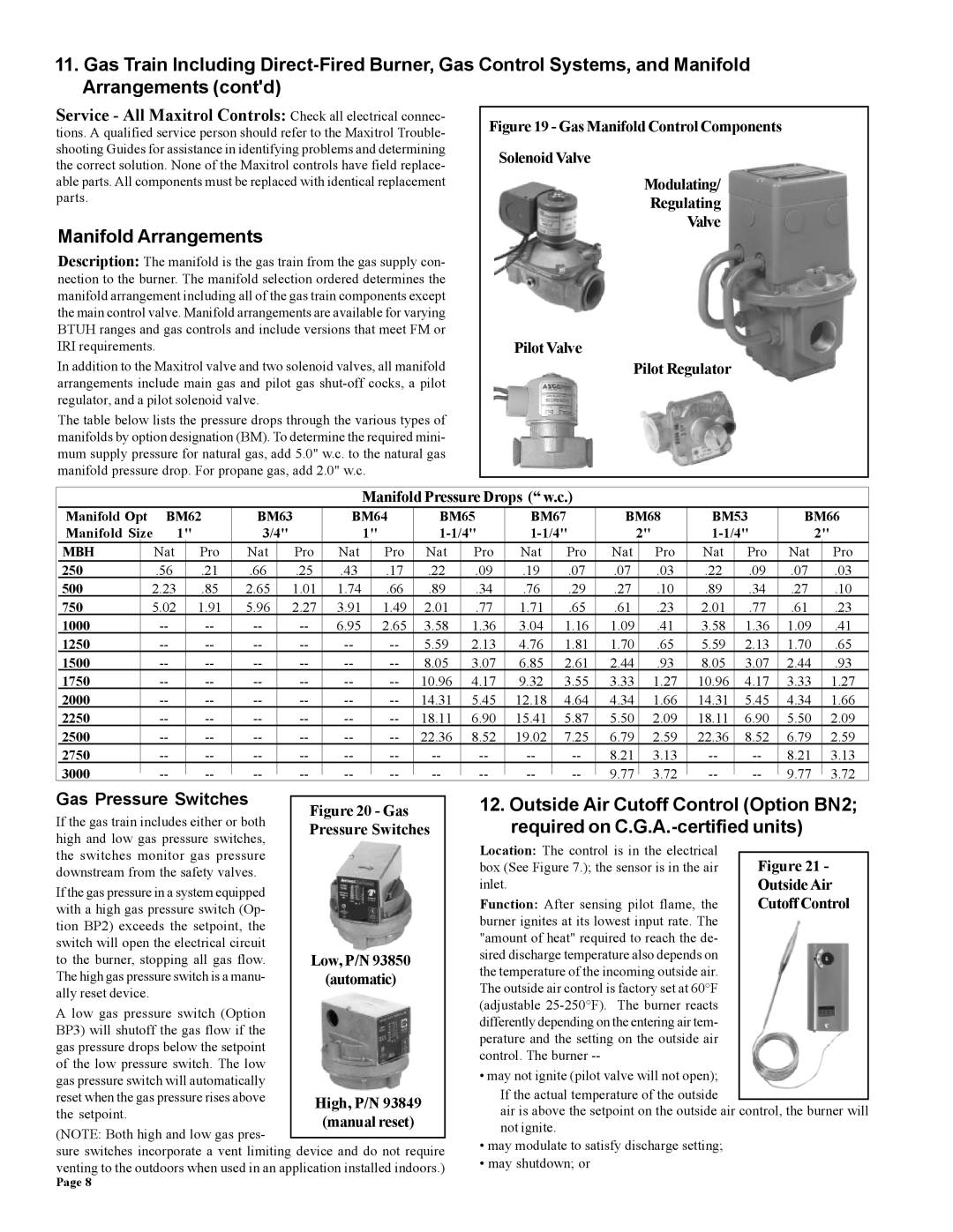 Thomas & Betts RZ-NA 441-OMS installation manual Manifold Arrangements, Gas Pressure Switches, Cutoff Control 