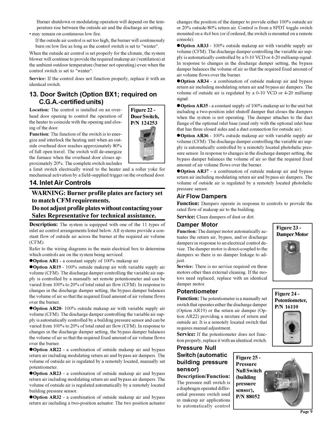 Thomas & Betts RZ-NA 441-OMS Door Switch Option BX1 required on C.G.A.-certified units, Inlet Air Controls 