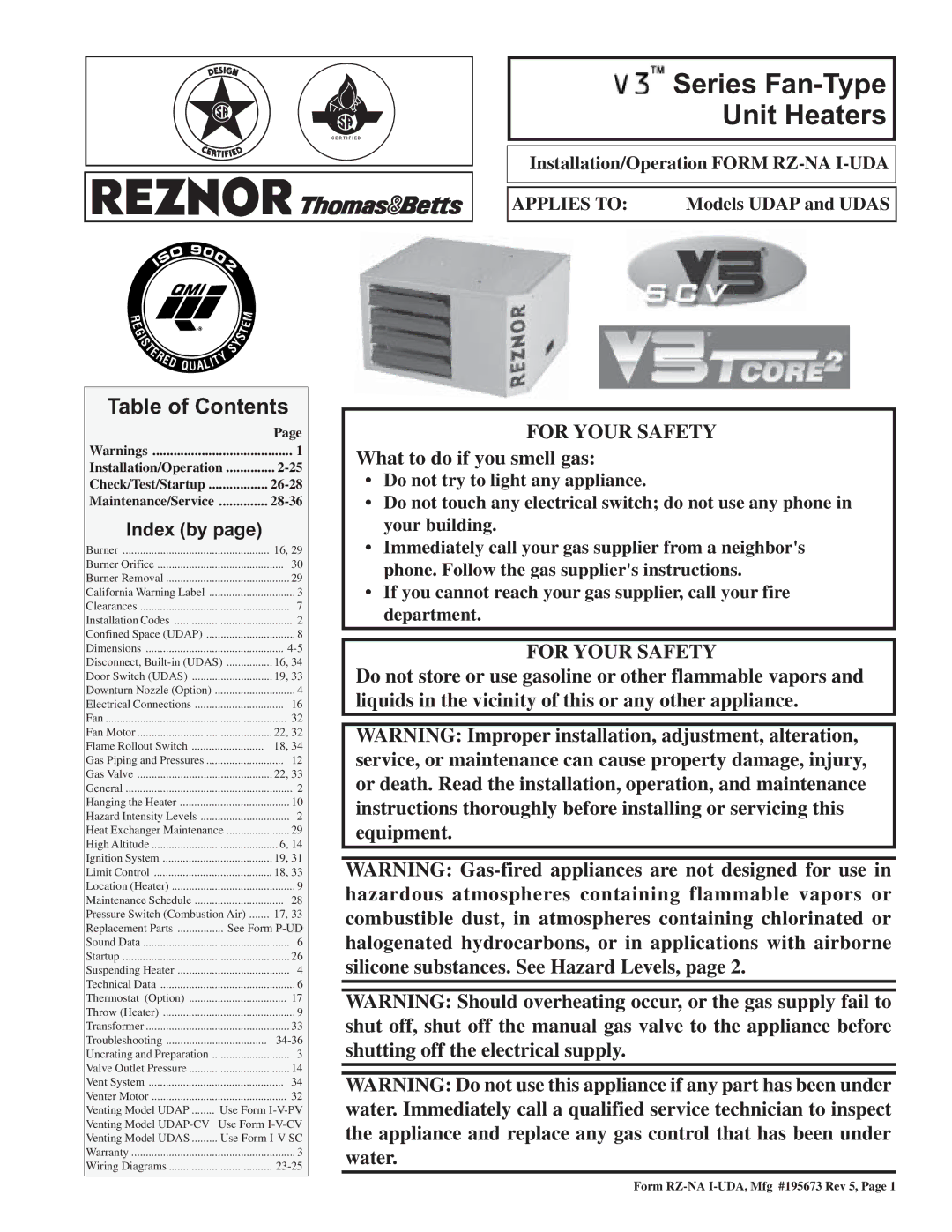 Thomas & Betts UDAP, UDAS dimensions Series Fan-Type Unit Heaters, Table of Contents 