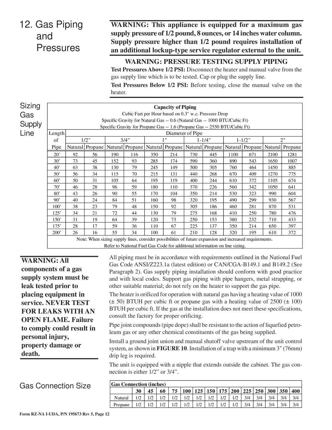 Thomas & Betts UDAS, UDAP dimensions Gas Piping and Pressures, Sizing Gas Supply Line, Gas Connection Size 