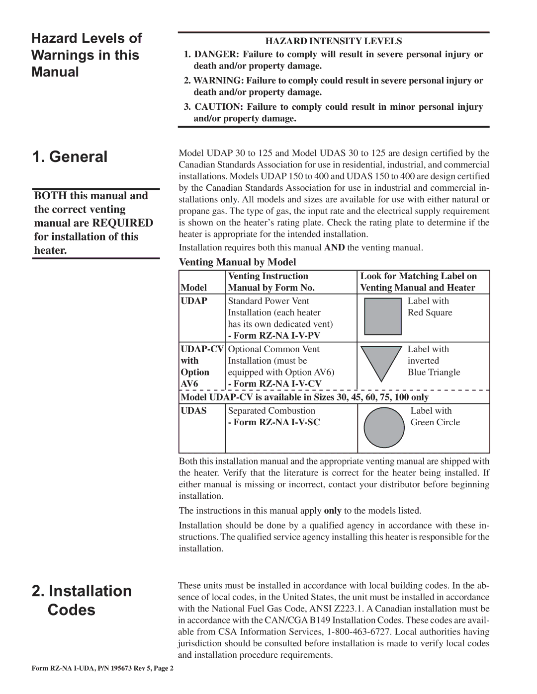 Thomas & Betts UDAS, UDAP General, Installation Codes, Hazard Levels of Warnings in this Manual, Venting Manual by Model 