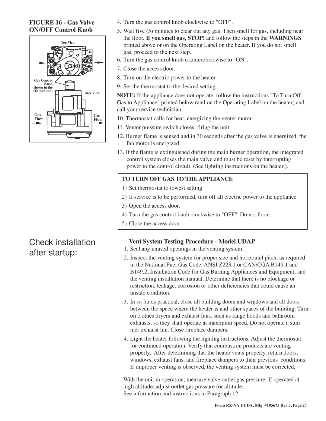 Thomas & Betts UDAP, UDAS dimensions Check installation after startup, Vent System Testing Procedure Model Udap 